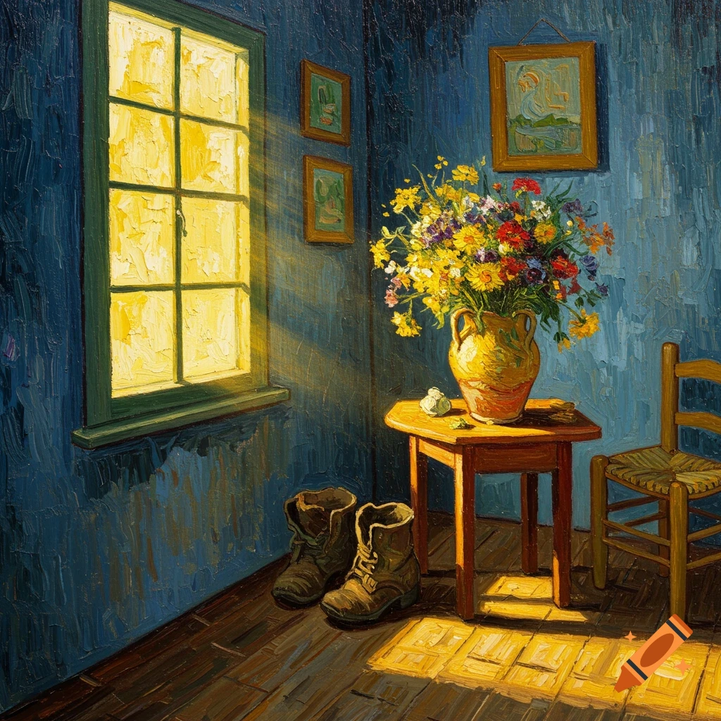 An oil painting in Van Gogh's style of a rustic room with blue walls, sunlight streaming through a window onto a wooden floor where boots rest. A vase of colorful flowers sits on a small table next to a wooden chair.