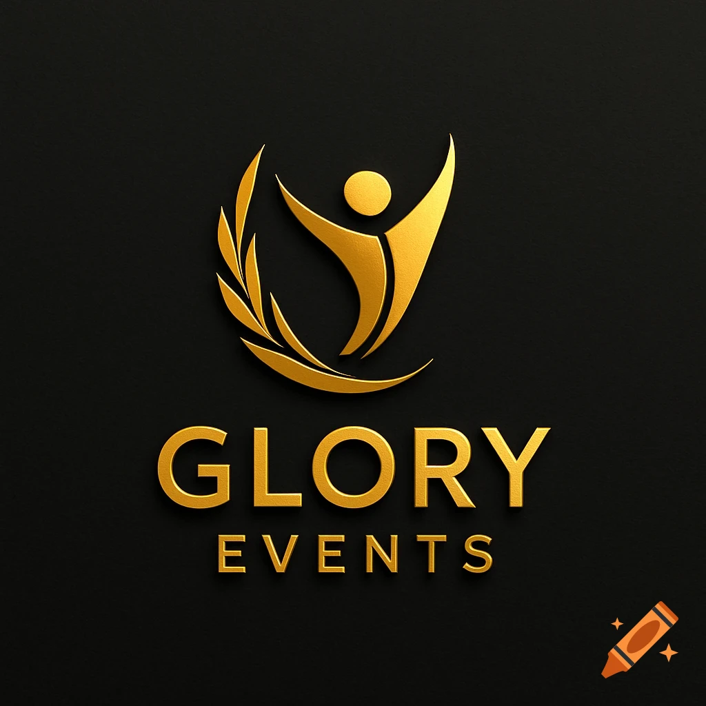 Golden logo on black background with an abstract figure holding up leaves, and text 'GLORY EVENTS'.