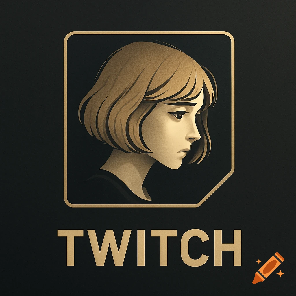 A stylized profile of a sad, short-haired blonde girl in a gold-framed icon, with the word "TWITCH" in gold below.