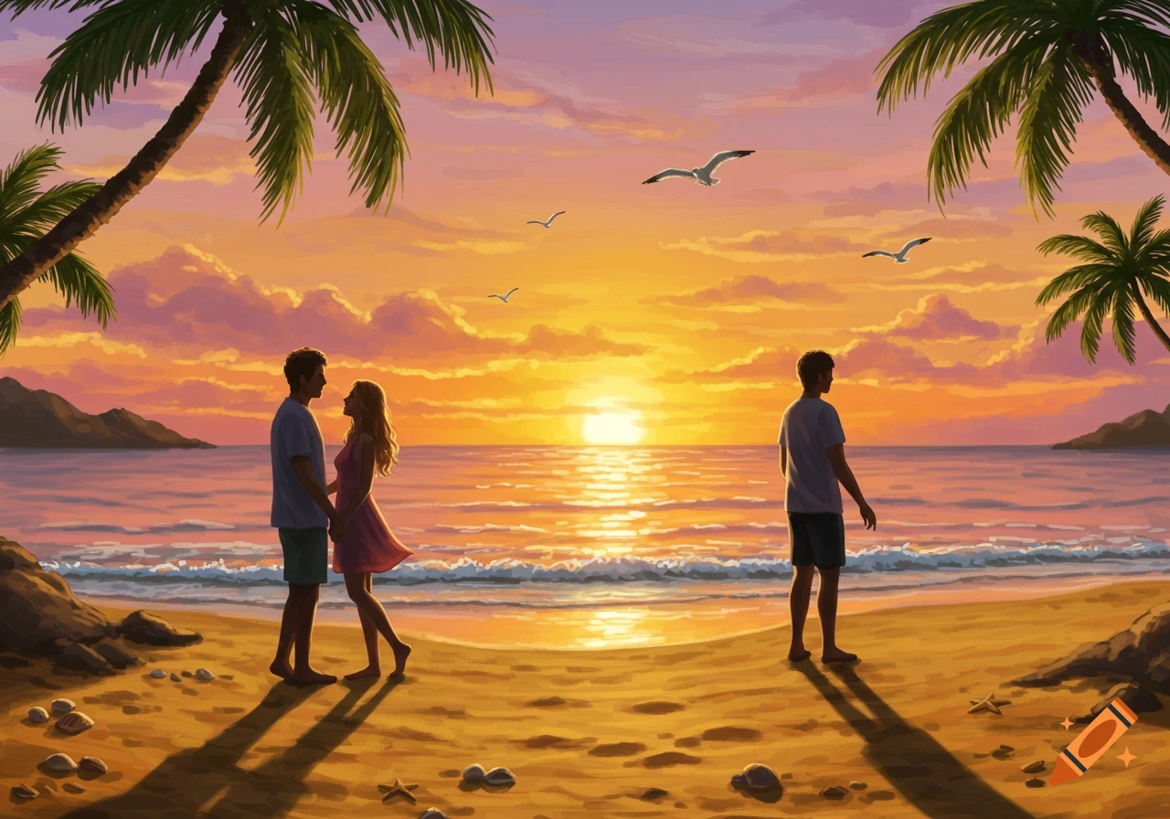 Illustrated beach scene at sunset with a couple holding hands and another person standing by the ocean under palm trees.