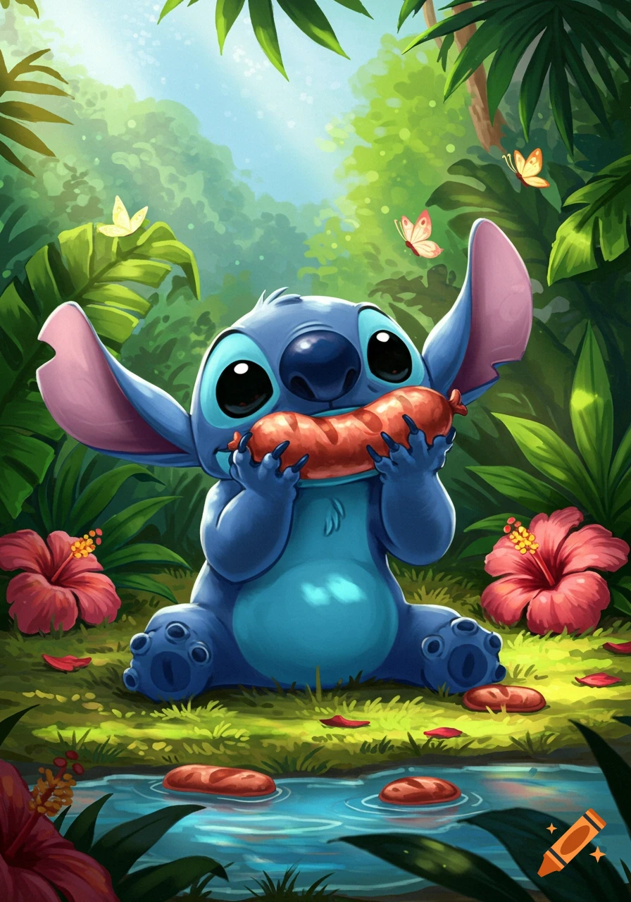 Stitch, a blue alien, happily eats a sausage in a vibrant cartoon jungle setting with hibiscus flowers and butterflies.