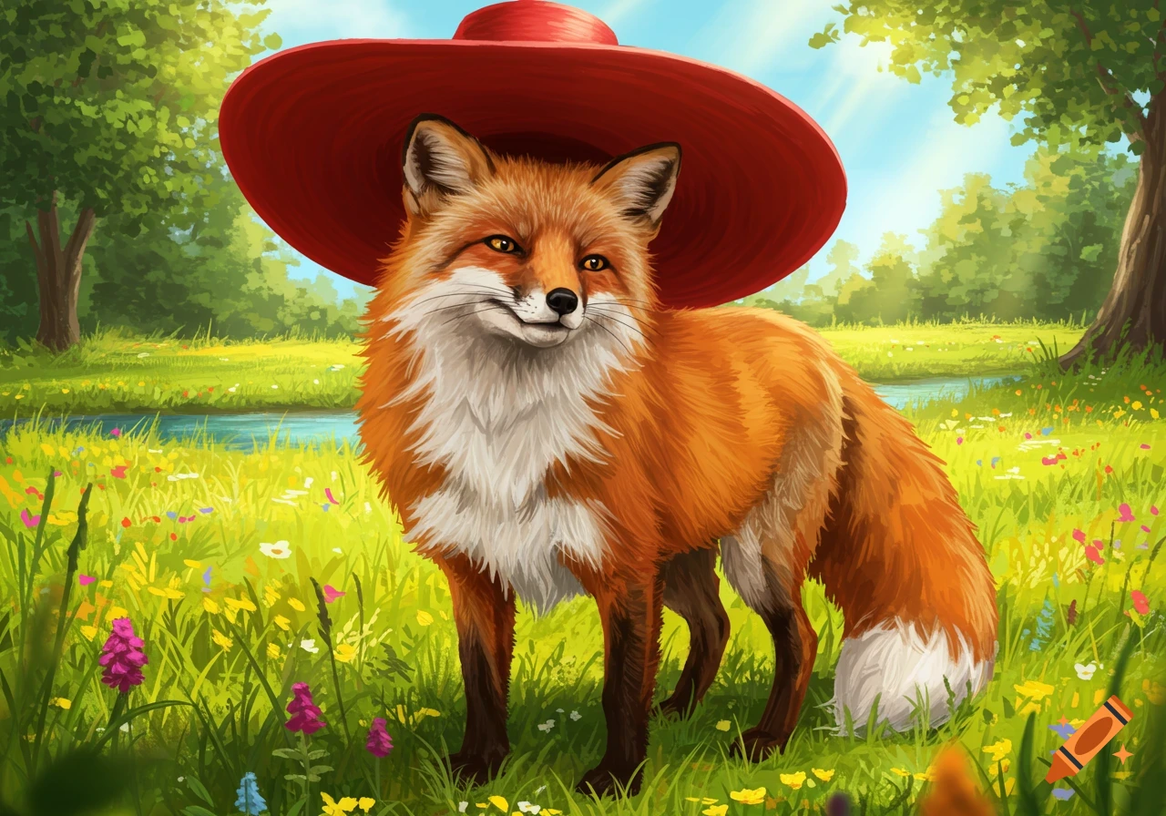 A stylized illustration of a fox wearing a red hat, standing in a vibrant field of wildflowers with trees and a river in the background.