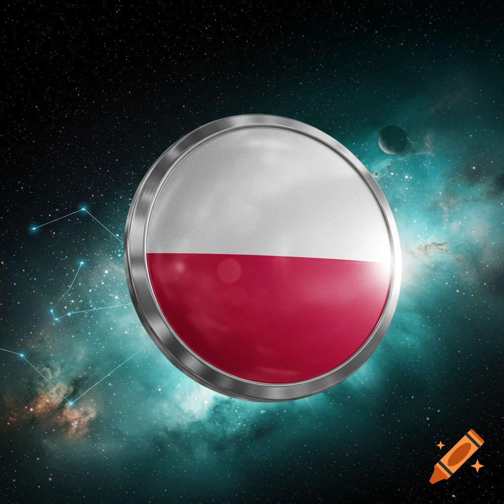A metallic emblem featuring the Polish flag, set against a backdrop of deep space with stars and a nebula.