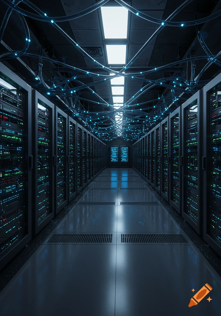 A long hallway in a data center with rows of server racks, glowing blue lights, and cables overhead.
