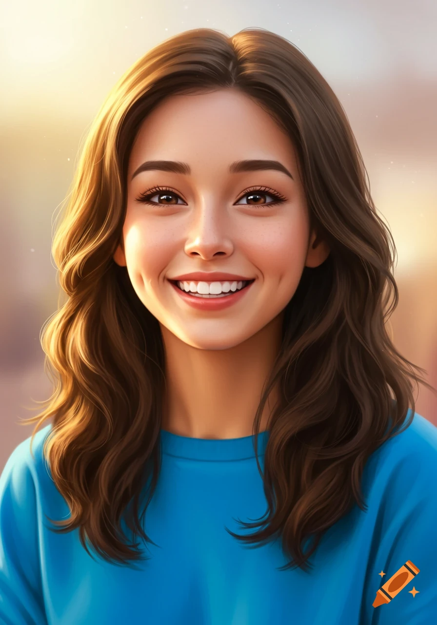 A smiling young woman with long brown hair and a blue shirt looks directly at the viewer in a brightly lit portrait.