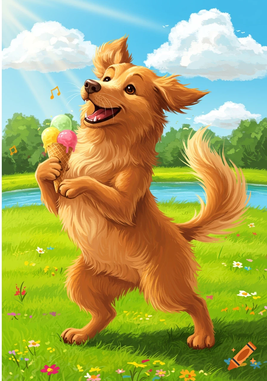 A happy, fluffy golden retriever cartoon dog stands in a sunny green field, holding a triple-scoop ice cream cone.