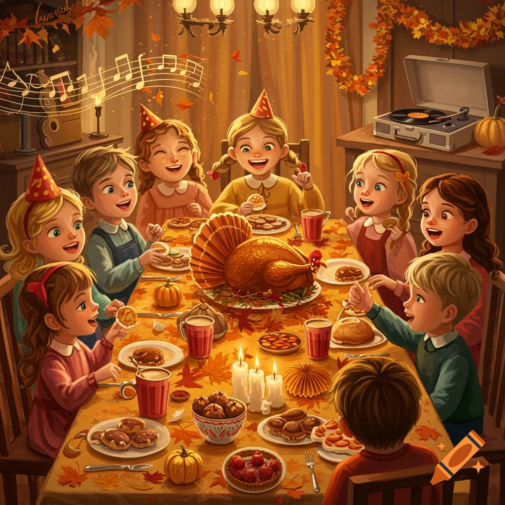 Thanksgiving Family Dinner Illustration created on Craiyon, image size:1024x1024