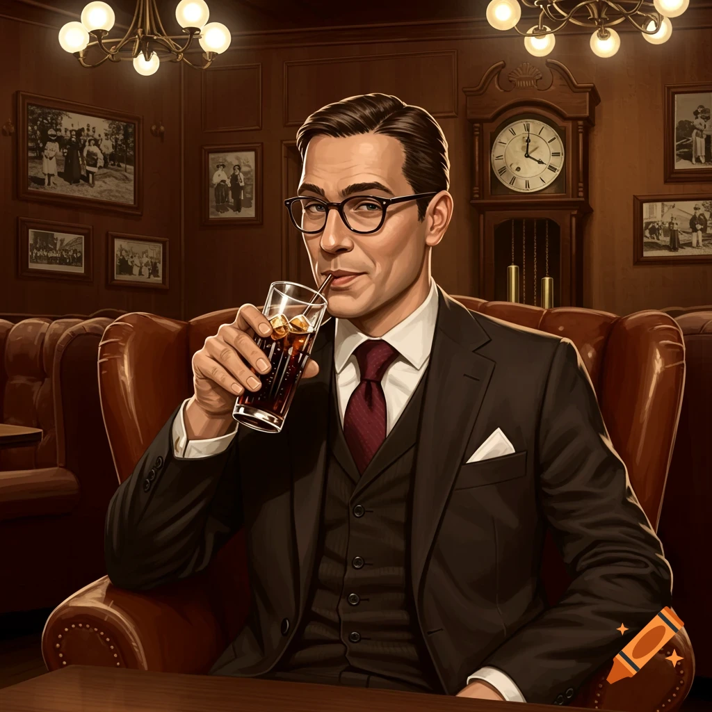 An illustrated man in a suit and glasses drinks a dark soda with a straw, sitting in a leather armchair in a classy, wood-paneled room.