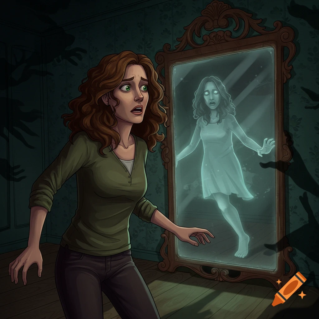 Cartoon of a terrified woman recoiling from her ghostly reflection stepping out of a mirror in a dimly lit, eerie room.