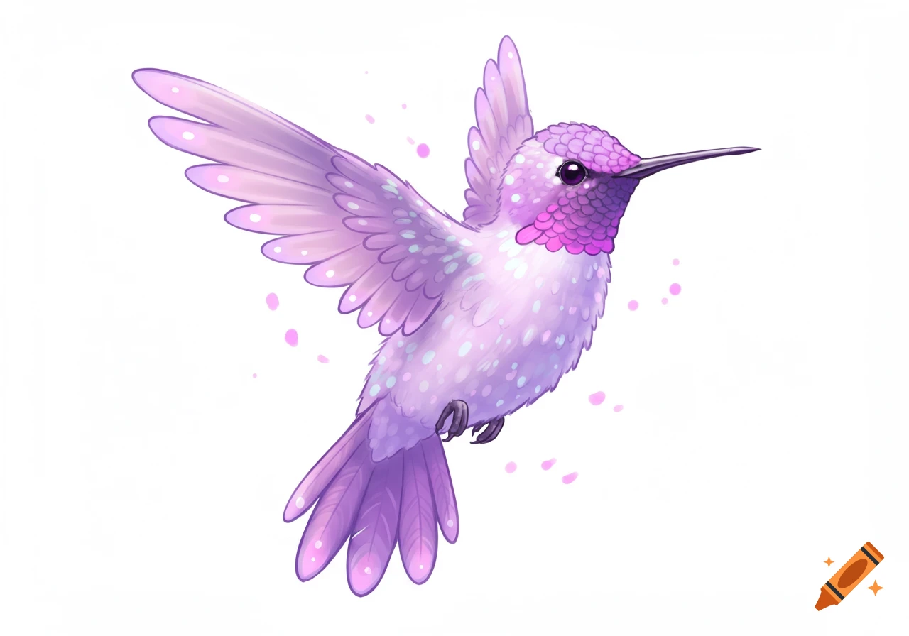 A cute anime-style illustration of a purple and pink hummingbird in flight with outstretched wings, against a white background.
