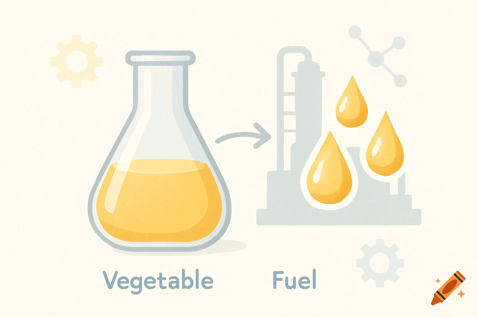 An illustration showing a flask labeled 'Vegetable' transforming into an industrial plant producing three drops of 'Fuel'.