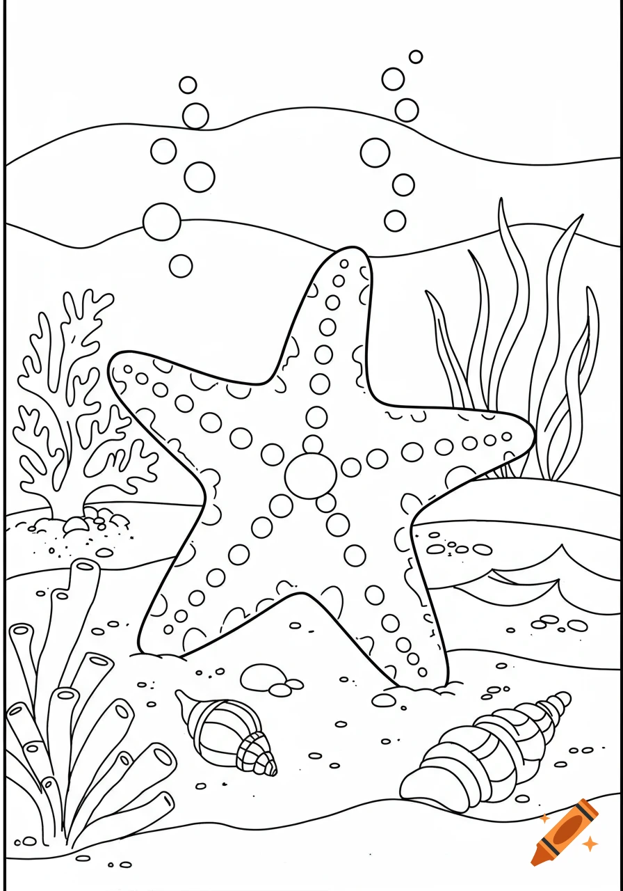 Black and white line art of a starfish on the ocean floor surrounded by coral, seashells, and seaweed, with bubbles floating up, in a coloring book style.