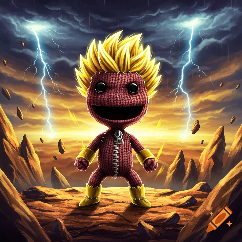 A knitted Sackboy character with spiky yellow Super Saiyan hair stands on a rocky alien planet with lightning in a stormy sky.