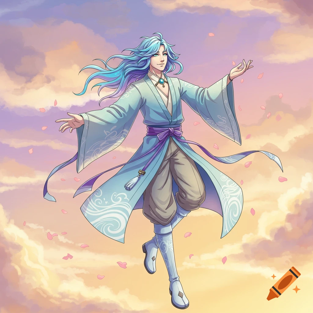 An anime-style young man with flowing blue hair, wearing a light blue robe and purple sash, floats gracefully in a pink and yellow cloudy sky with pink petals.