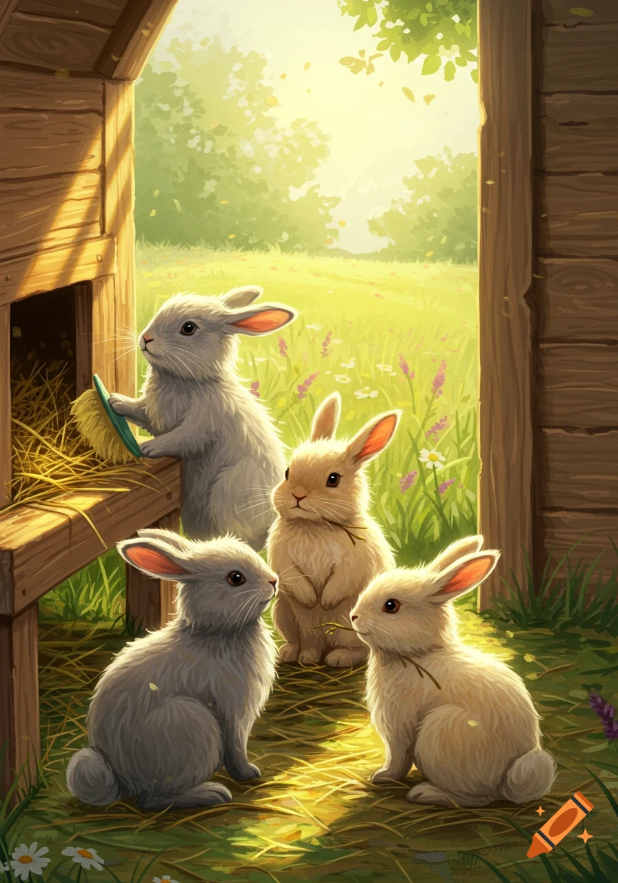 Four cute bunnies, one tidying a wooden hutch, while three others sit on hay in a sunny, green field with flowers, in an illustrative style.