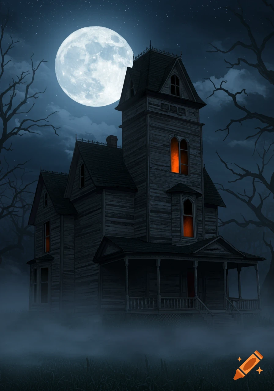 A spooky, old haunted house with glowing windows under a bright full moon at night, surrounded by fog and bare trees.