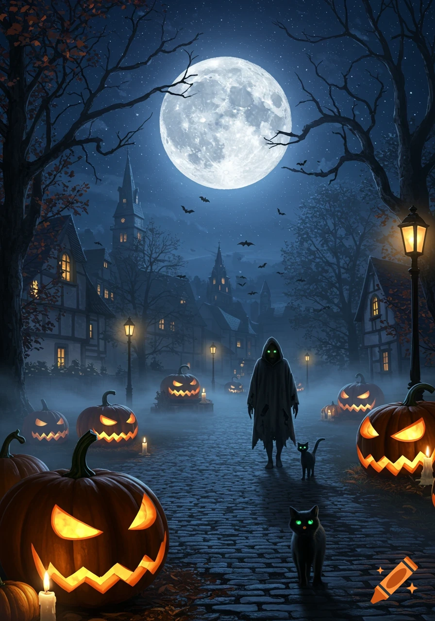 A spooky Halloween night scene with a hooded figure, black cats, glowing jack-o'-lanterns, and a full moon over a gothic village.