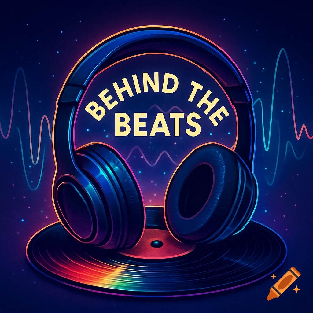 Neon lit headphones over a vinyl record with sound waves and 'BEHIND THE BEATS' text on a dark background.