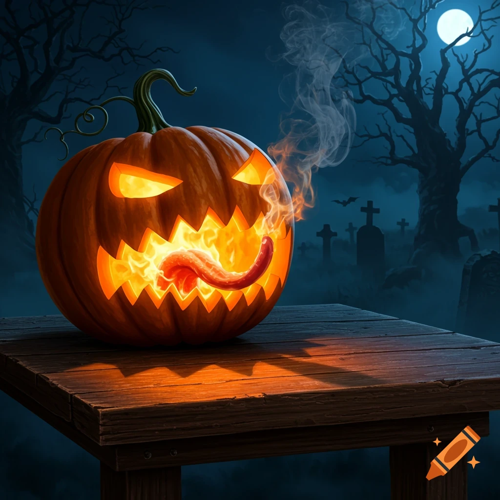 A glowing Jack-o'-lantern with a fiery tongue sits on a wooden table in a misty graveyard under a full moon.