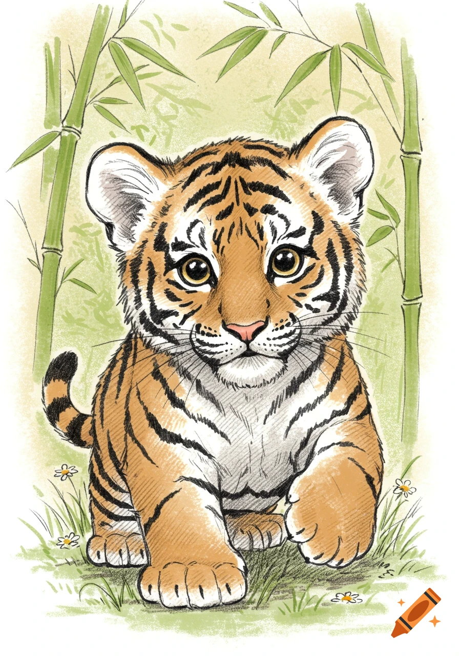 A cute sketch illustration of a baby tiger cub standing in a bamboo forest with green foliage and small white flowers.