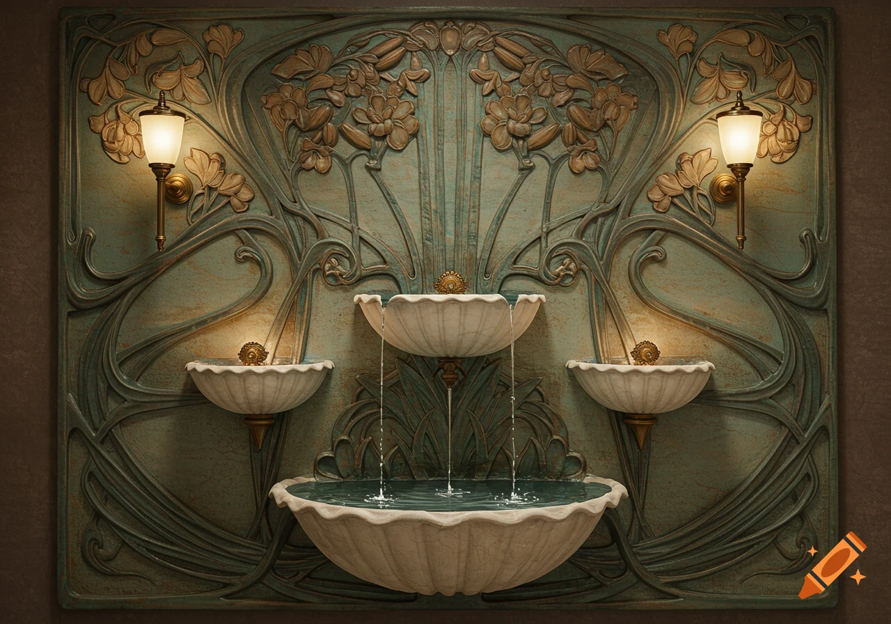 An ornate Art Nouveau wall fountain with flowing water, featuring shell-shaped tiers and floral bas-relief in teal and bronze, flanked by glowing sconces.