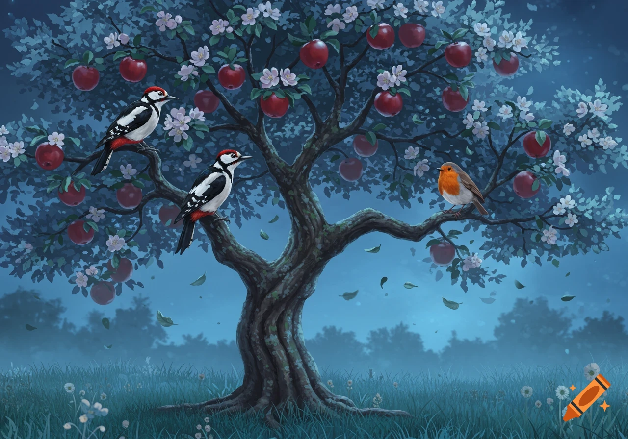 An illustrative painting of an apple tree at night with red apples and white blossoms, two woodpeckers, and a robin.