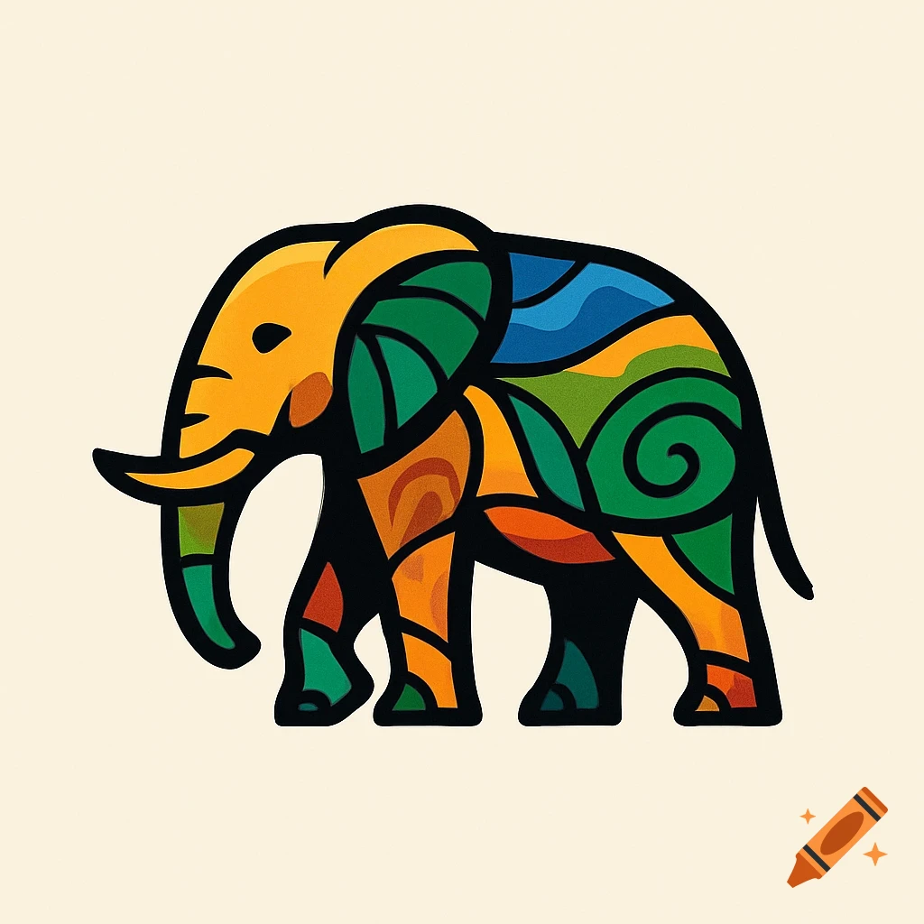 A colorful, abstract elephant logo with patterns in various shades of green, blue, orange, and yellow on a light background.