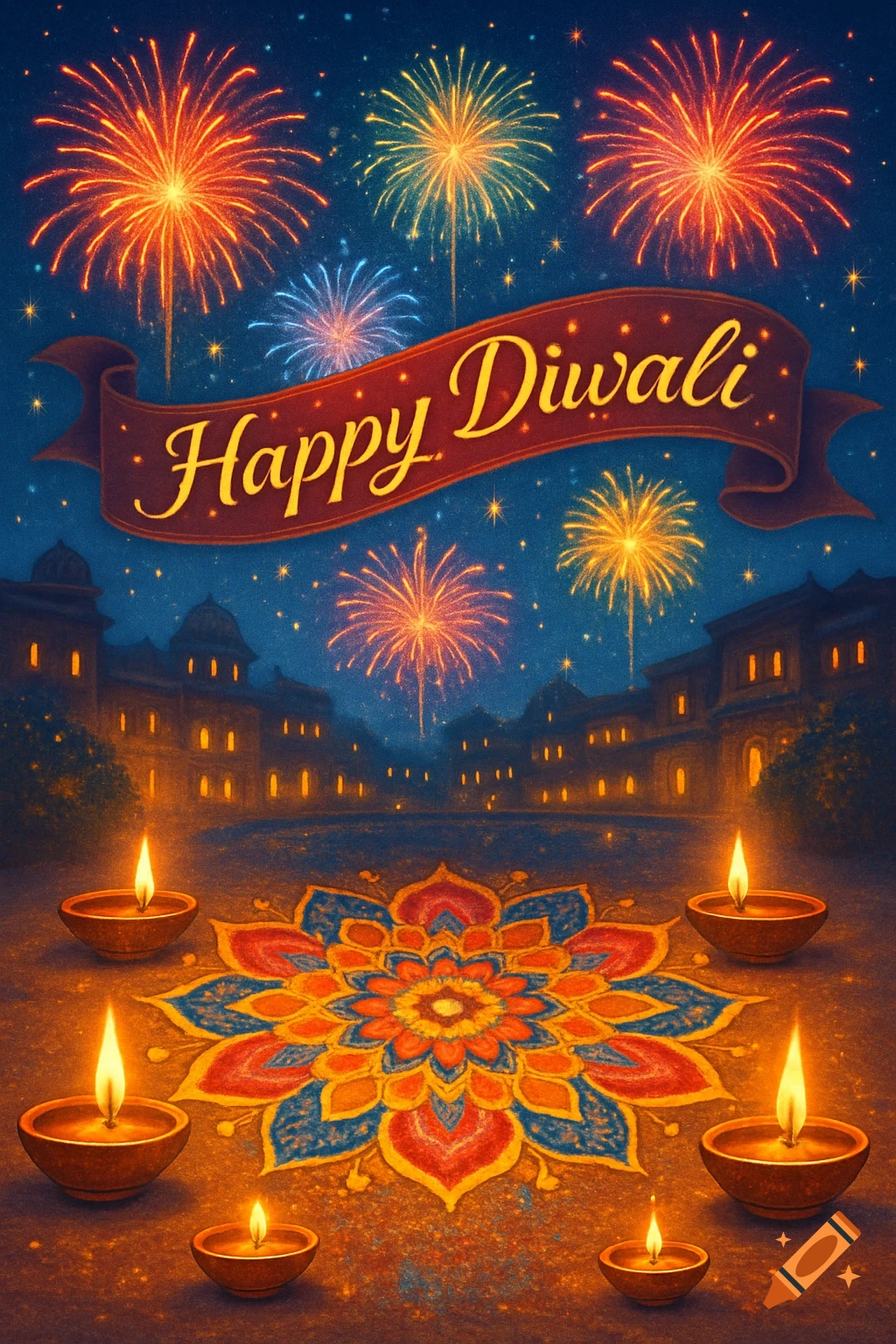 Vibrant Diwali night with colorful fireworks over a town, a 'Happy Diwali' banner, lit diyas, and an intricate rangoli design.