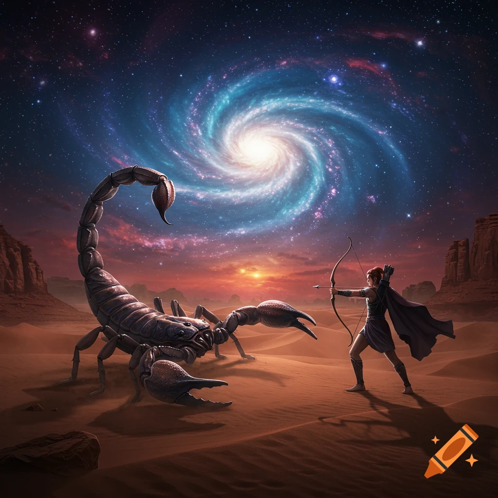 An archer faces a giant scorpion in a desert under a vibrant cosmic sky with a swirling galaxy, epic fantasy art.