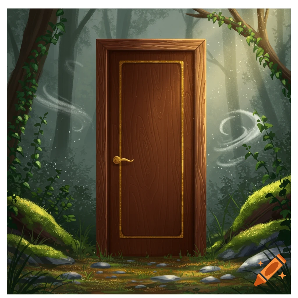 A chocolate-brown wooden door with gold trim stands in an enchanted forest, surrounded by moss, trees, and light rays.