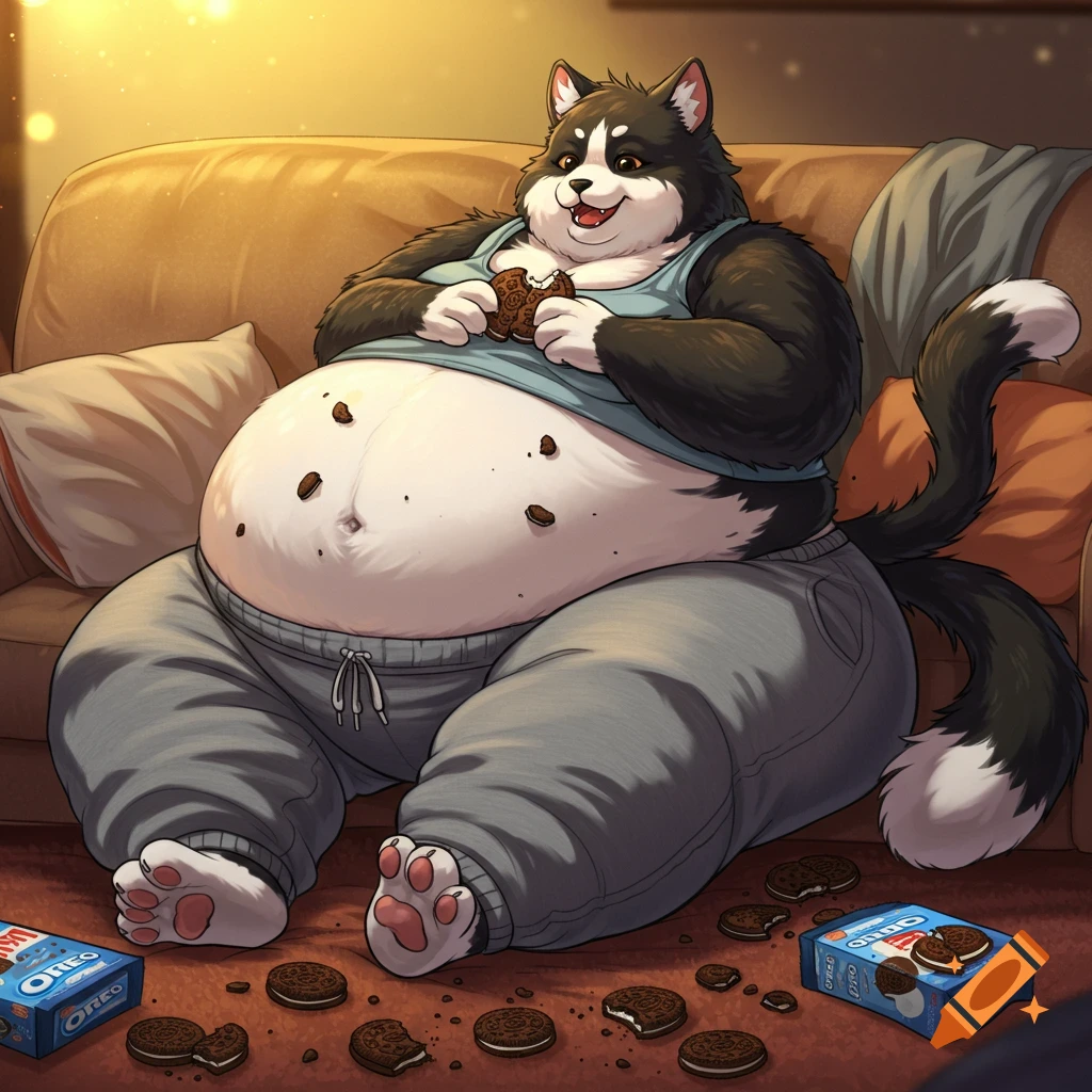 A super fat anthropomorphic black and white cat in sweatpants sits on the floor, eating Oreos by a couch.