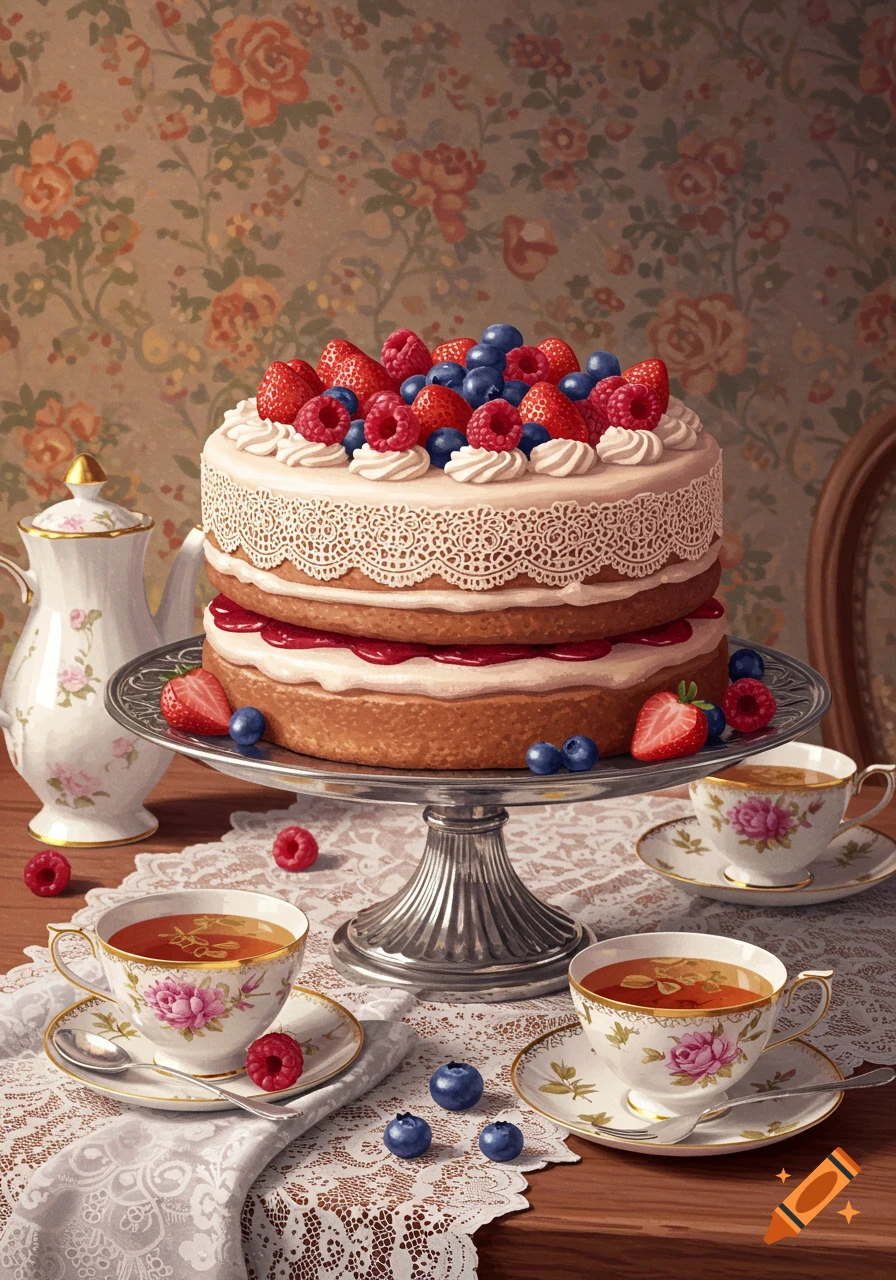 Two-tier berry cake with whipped cream, lace decor, teapot, and teacups on a lace cloth, floral wallpaper background, detailed illustration.