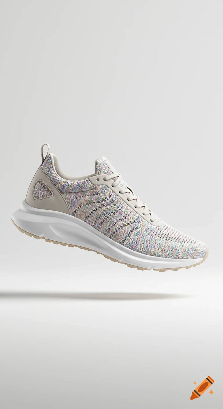 A modern running shoe with a multicolored knit upper and white sole floats against a neutral background in product photography style.