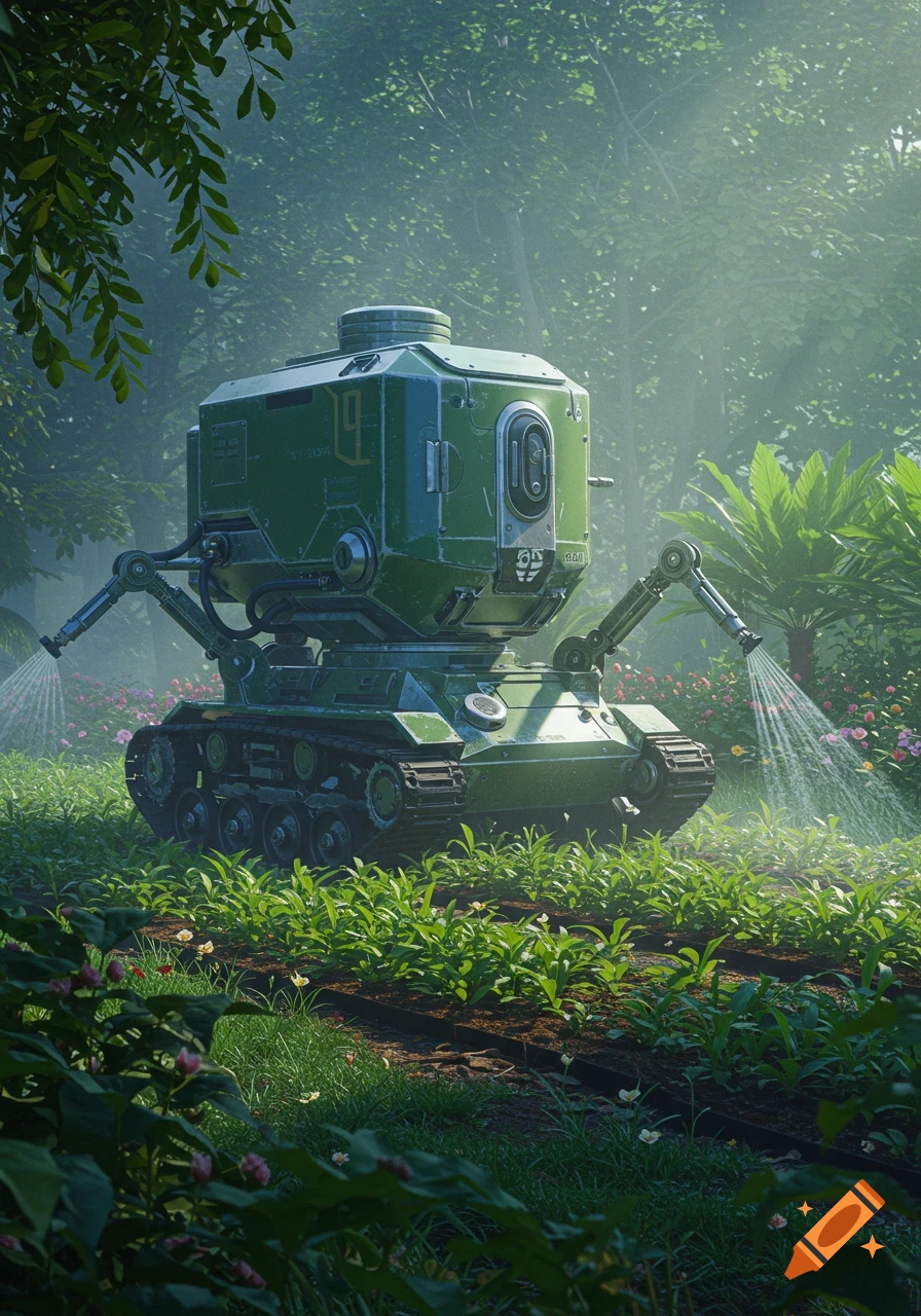 A futuristic green tank-like robot with robotic arms waters rows of plants in a lush, misty garden.
