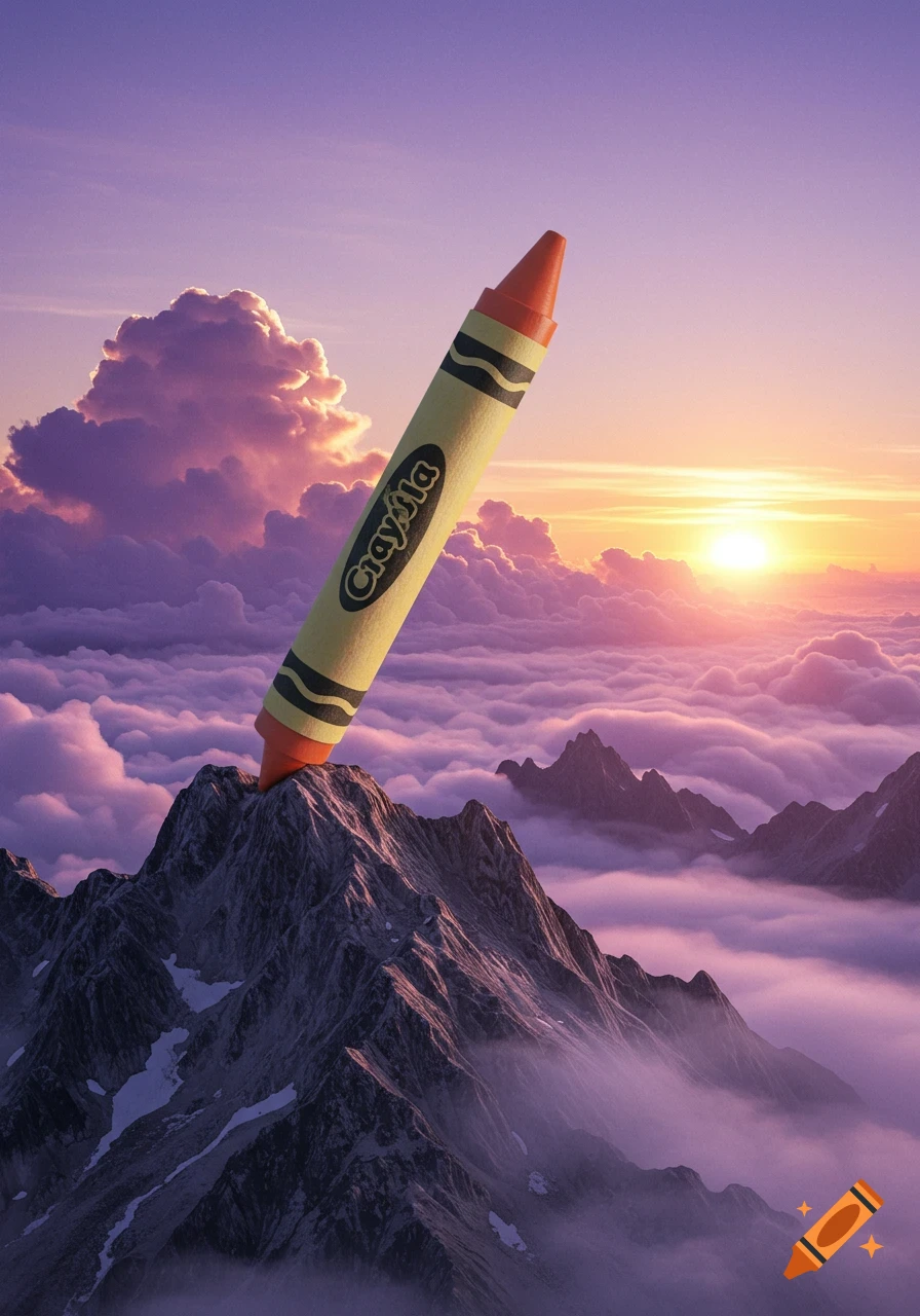 A giant yellow Crayola crayon is plunged into a snowy mountain peak, surrounded by purple clouds and a dramatic orange sunset.