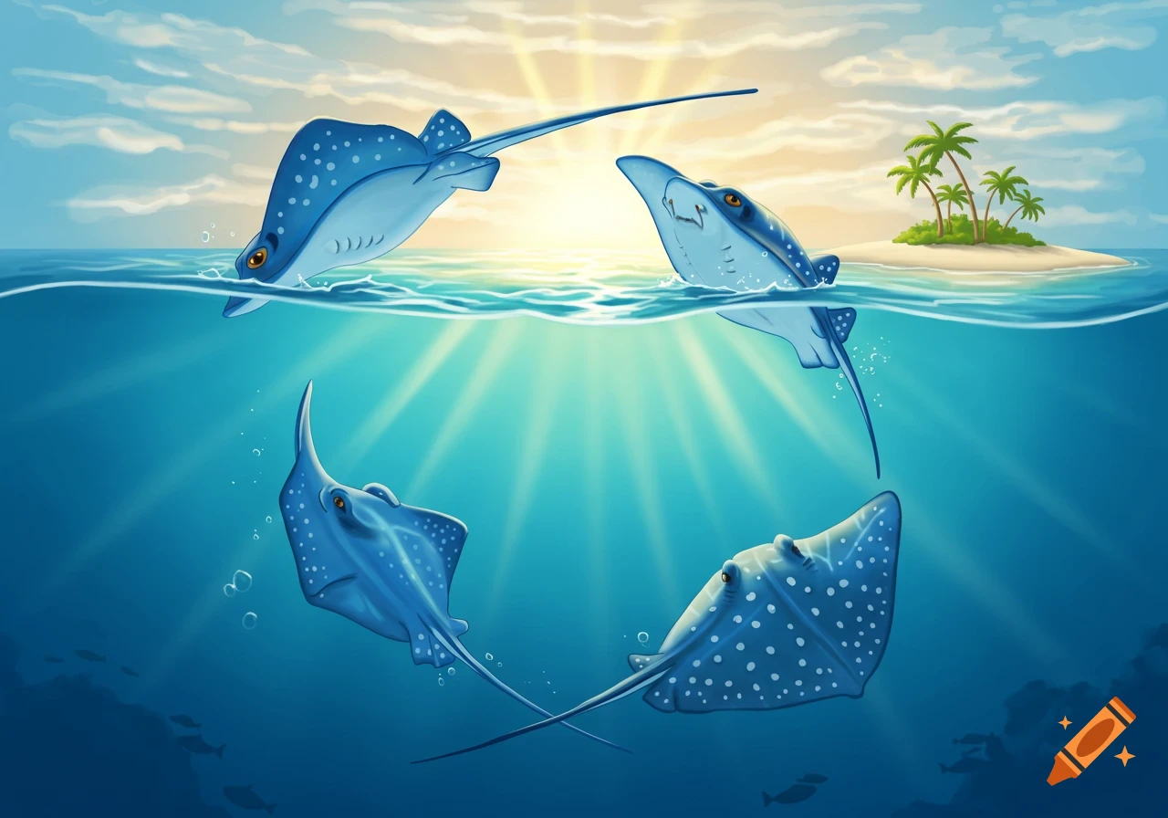 Three blue, white-spotted stingrays swim in a circle. Sunlight beams into clear water near a tropical island with palm trees.