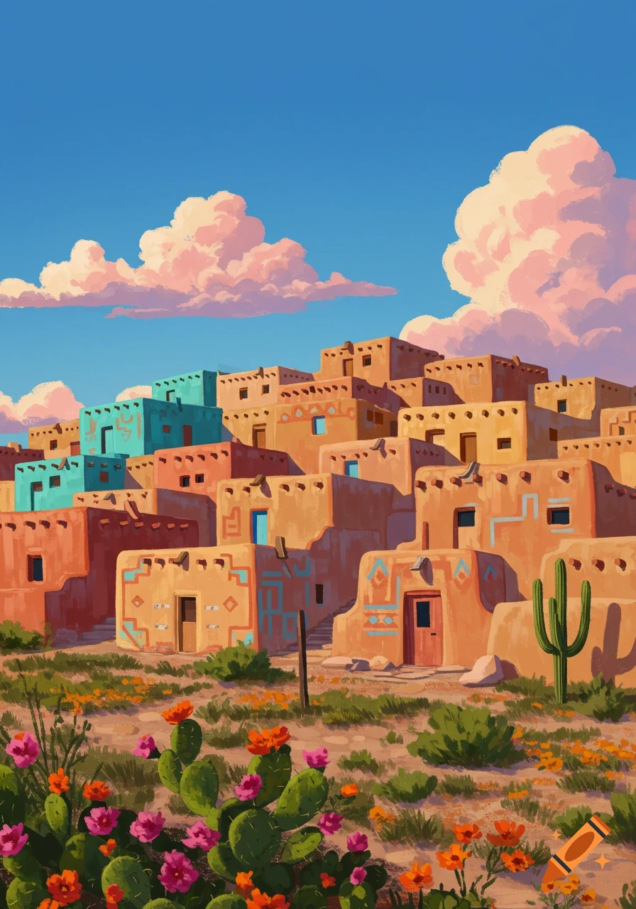 Stylized illustration of a desert town with adobe houses, cactuses, and blooming flowers under a blue sky with pink clouds.
