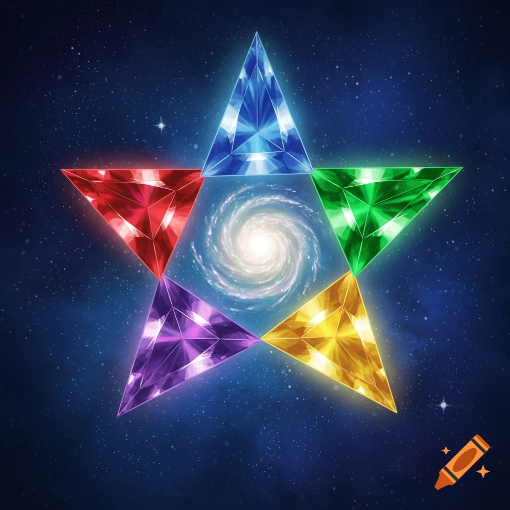 A five-pointed star formed by five colorful, glowing gems (red, blue, green, yellow, purple) around a spiral galaxy in a starry cosmic background.