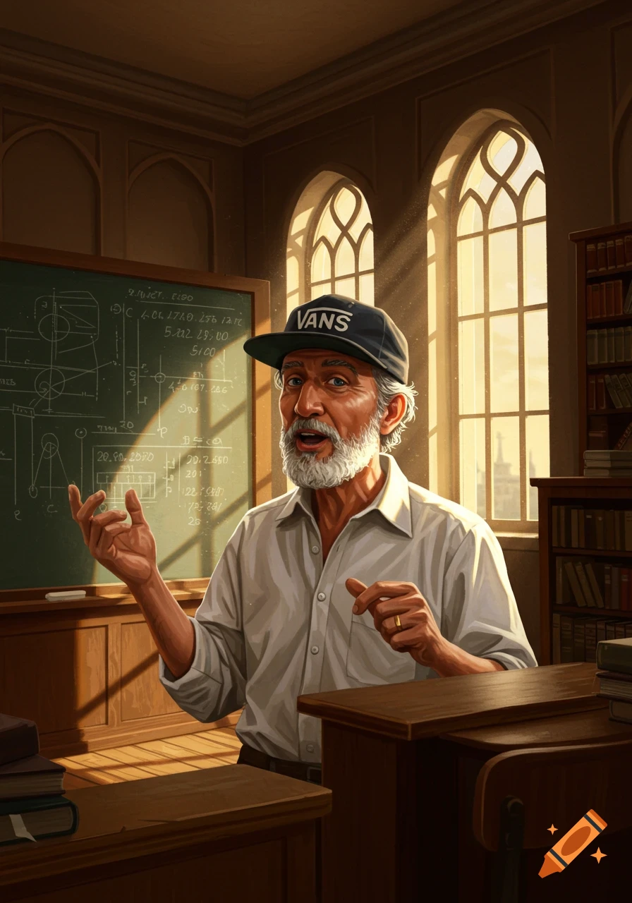 An older, bearded man wearing a Vans cap and a white shirt stands in a sunlit classroom, gesturing while speaking next to a blackboard with diagrams.