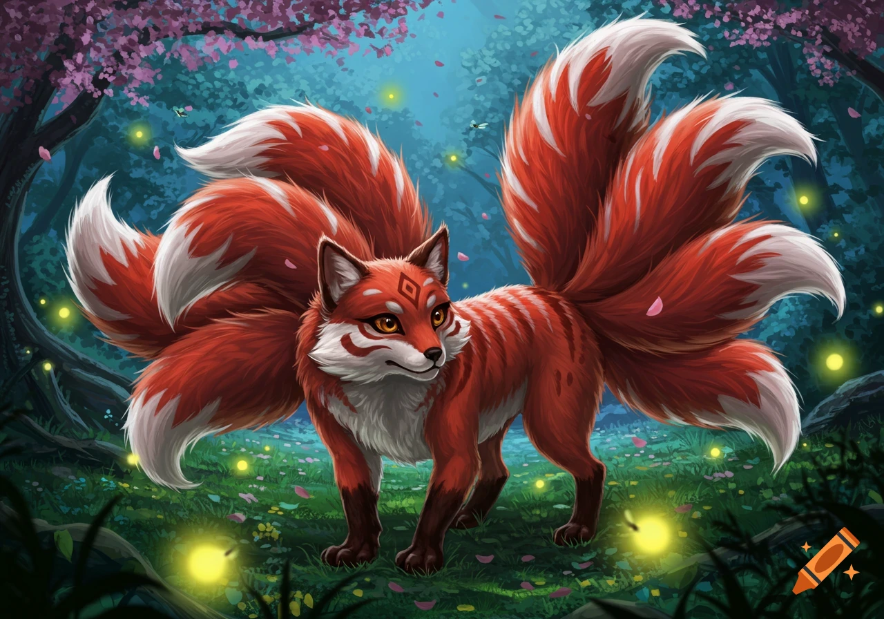 A vibrant red and white nine-tailed kitsune with golden eyes stands in a magical dark forest with pink blossoms and glowing lights.