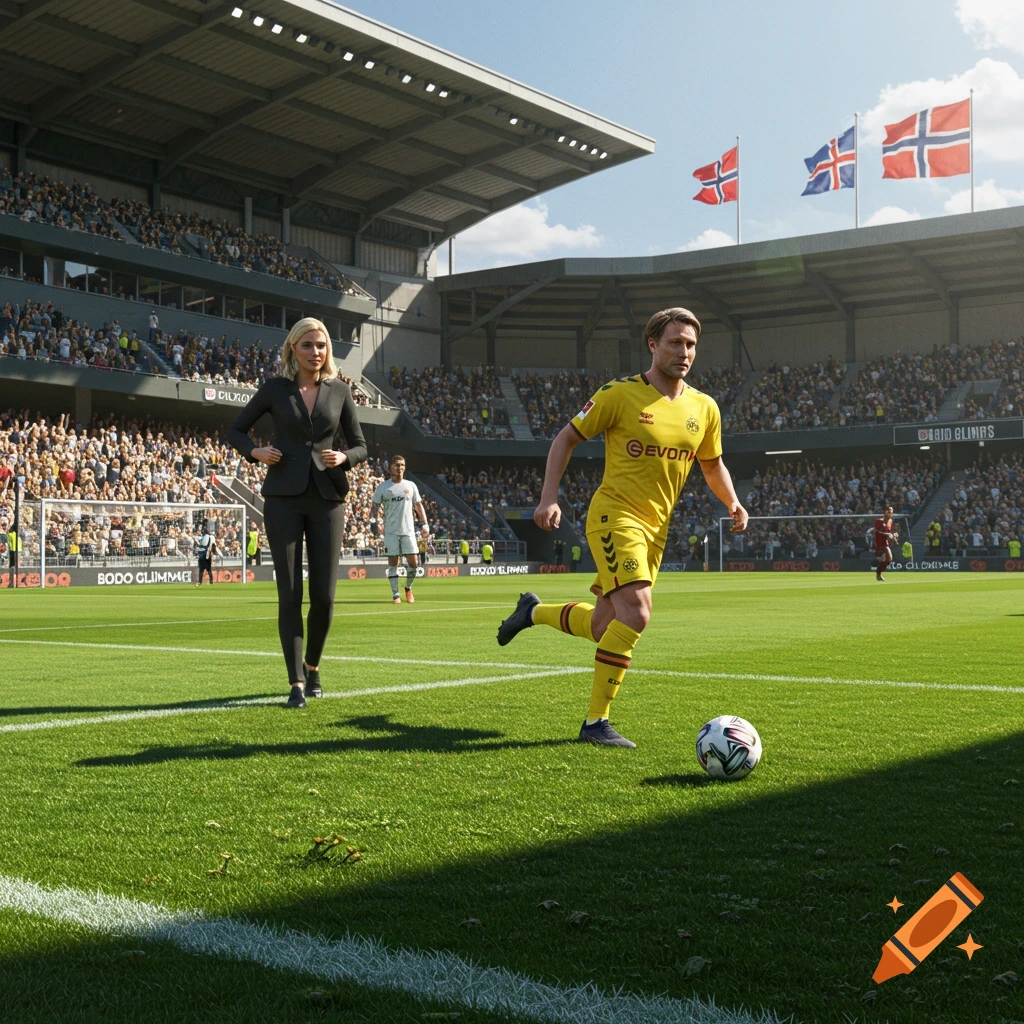 A photorealistic image of a football player in a yellow jersey kicking a ball on a green field in a stadium, with a woman in a black suit walking nearby.