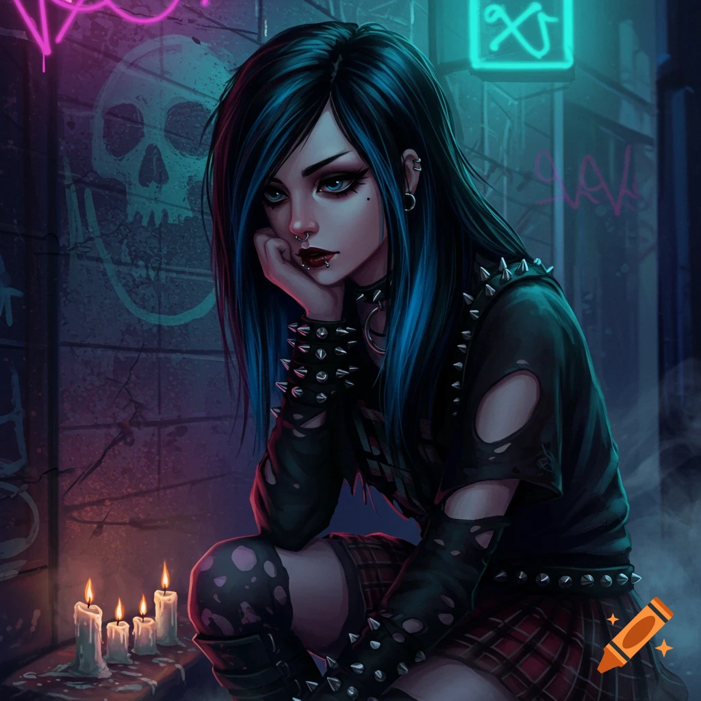 A stylized illustration of an emo girl with blue-streaked black hair, piercings, studded clothing, and a plaid skirt, crouching in a dark, neon-lit alley with candles and graffiti.