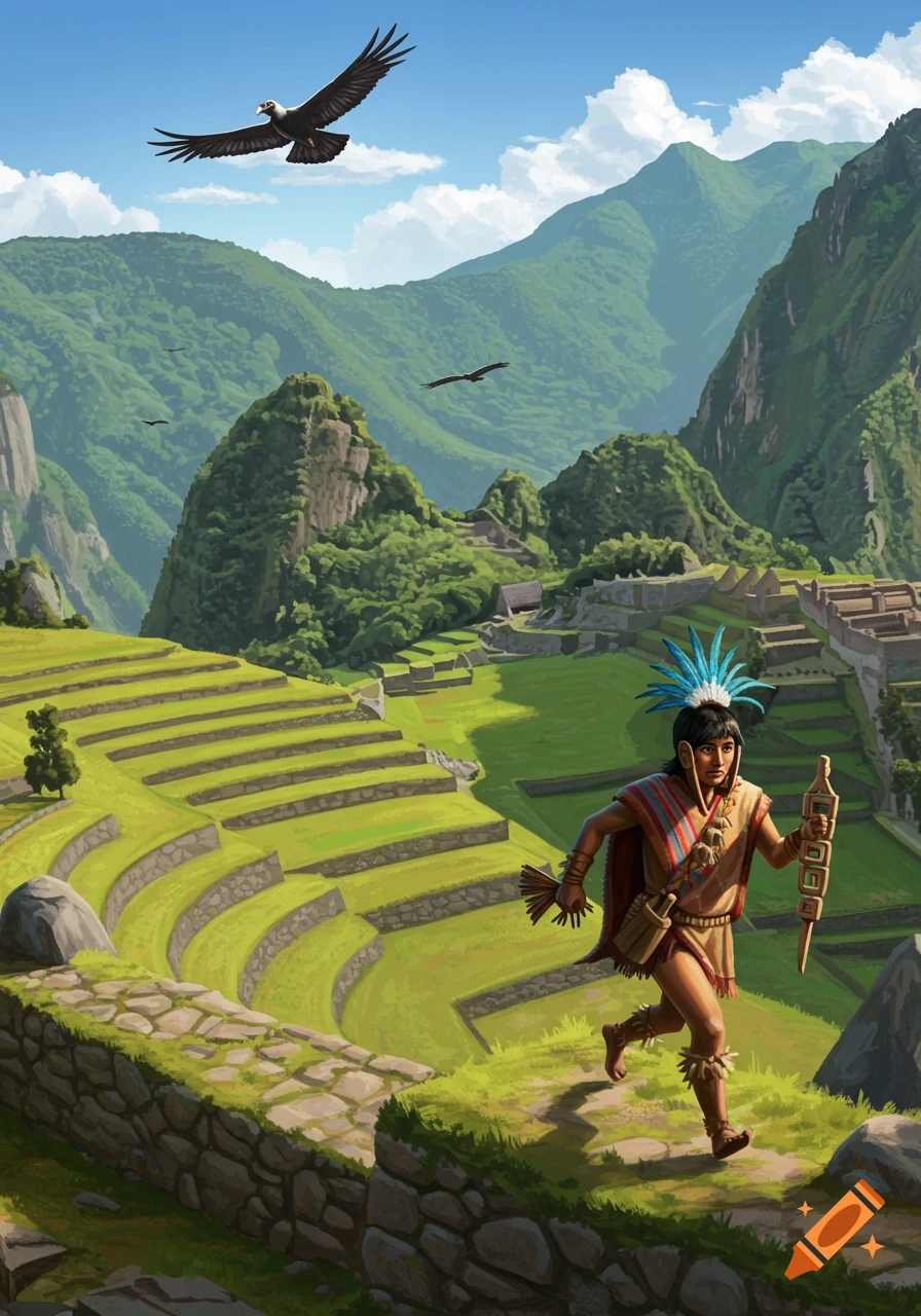 An Inka chasqui runner boy with feathered headwear runs through green terraced mountains with condors flying, illustration.
