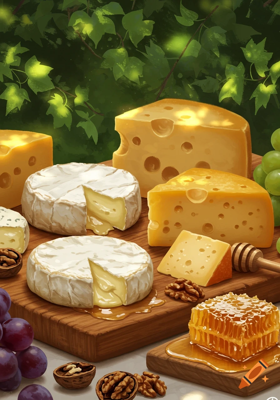 An assortment of cheeses, grapes, walnuts, and honeycomb with dripping honey are displayed on a wooden board against a green leafy background.