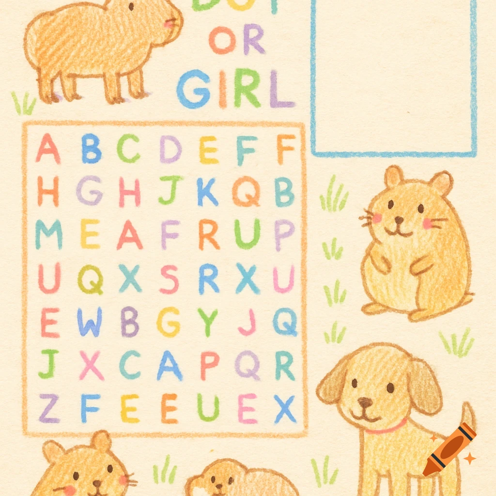 A crayon drawing with "Boy or Girl" text, a letter grid, and various animals like a capybara, hamster, and dog on a light background.