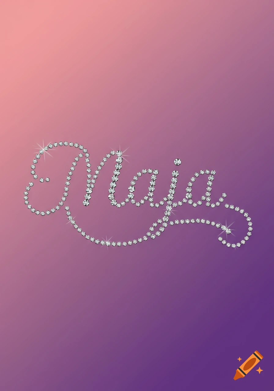 The name Maja spelled out in shiny diamonds or rhinestones on a pink to purple gradient background.
