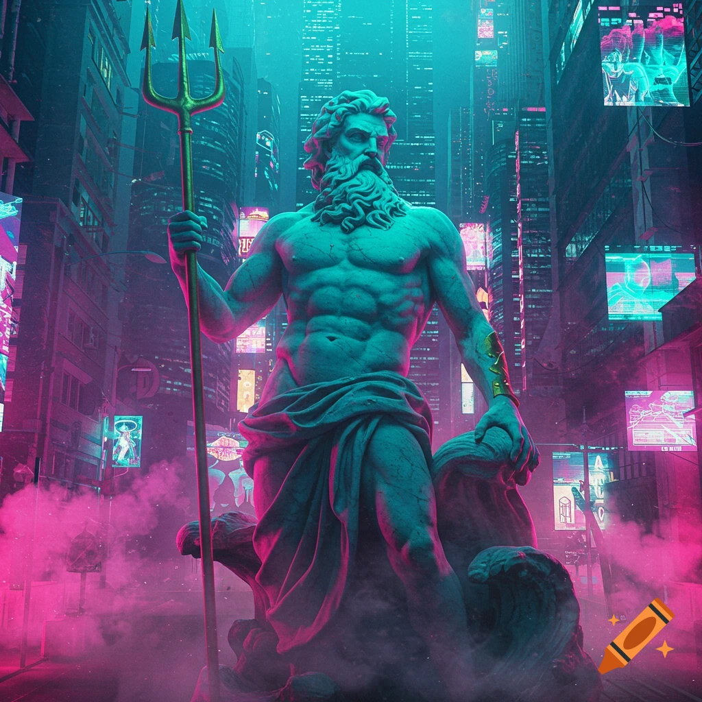 A teal-colored statue of Poseidon holding a trident stands majestically in a neon-lit cyberpunk city, with pink and blue lighting.
