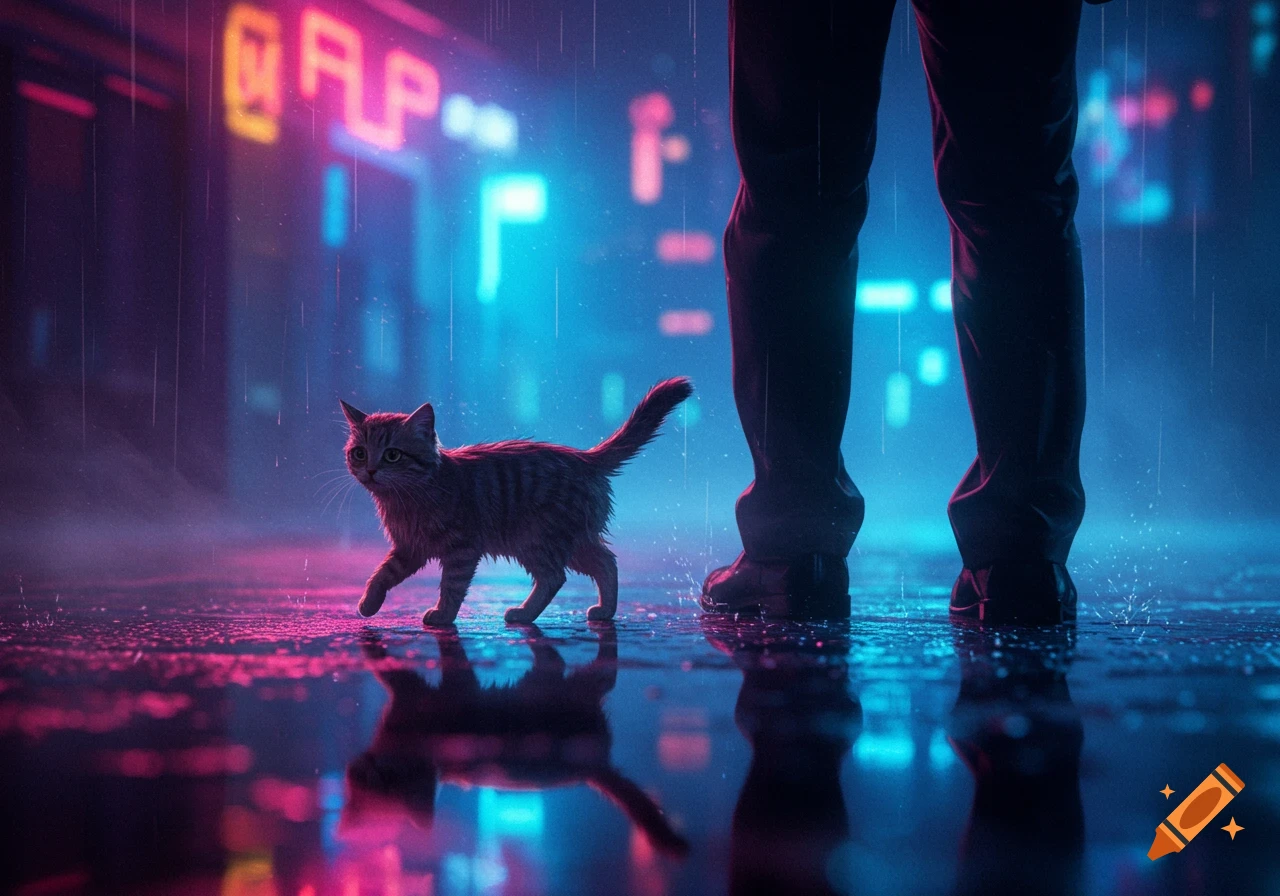 A tabby cat walks on a wet, neon-lit street next to a man's legs in the rain at night, in a cyberpunk style.