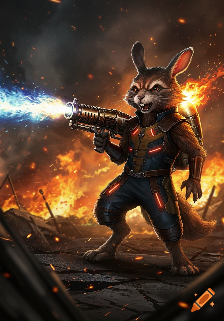 An anthropomorphic rabbit, resembling Rocket Raccoon, fires a large sci-fi gun amidst fire and explosions.