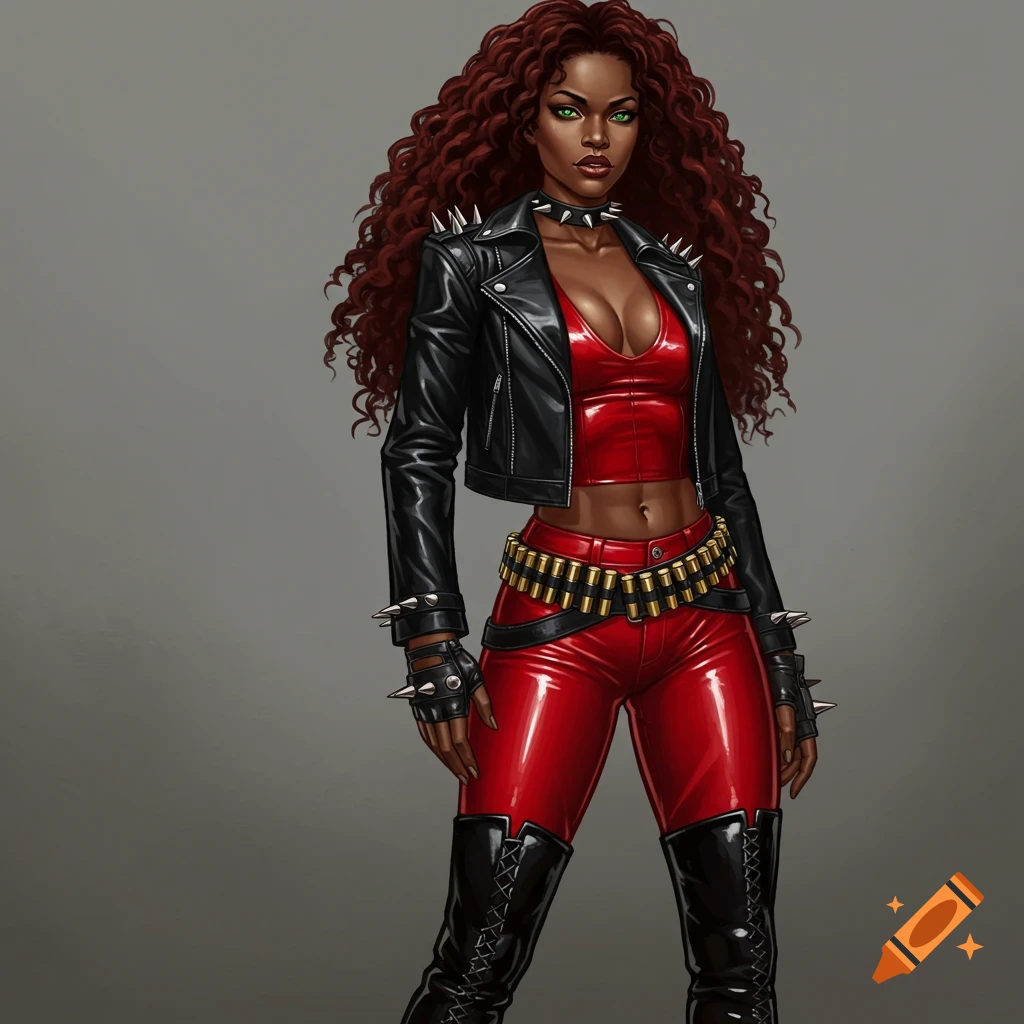 A strong Nigerian woman with curly red hair and green eyes wears a black spiked leather jacket, red patent leather crop top, matching pants, a bullet belt, and black thigh-high boots, standing against a grey background.